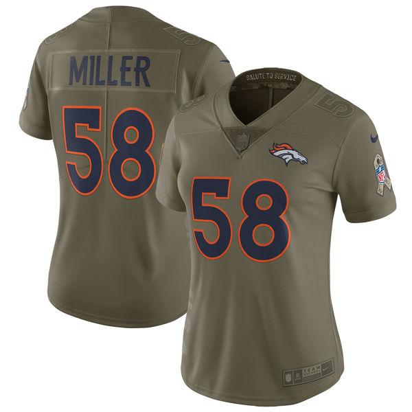 Women Denver Broncos #58 Miller Nike Olive Salute To Service Limited NFL Jerseys->women nfl jersey->Women Jersey
